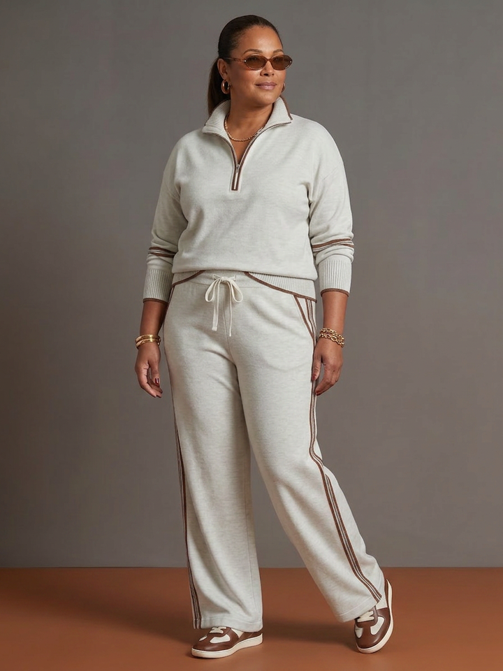 Greer | Zip Neck Long Sleeve Side Stripe Leg Pants Set