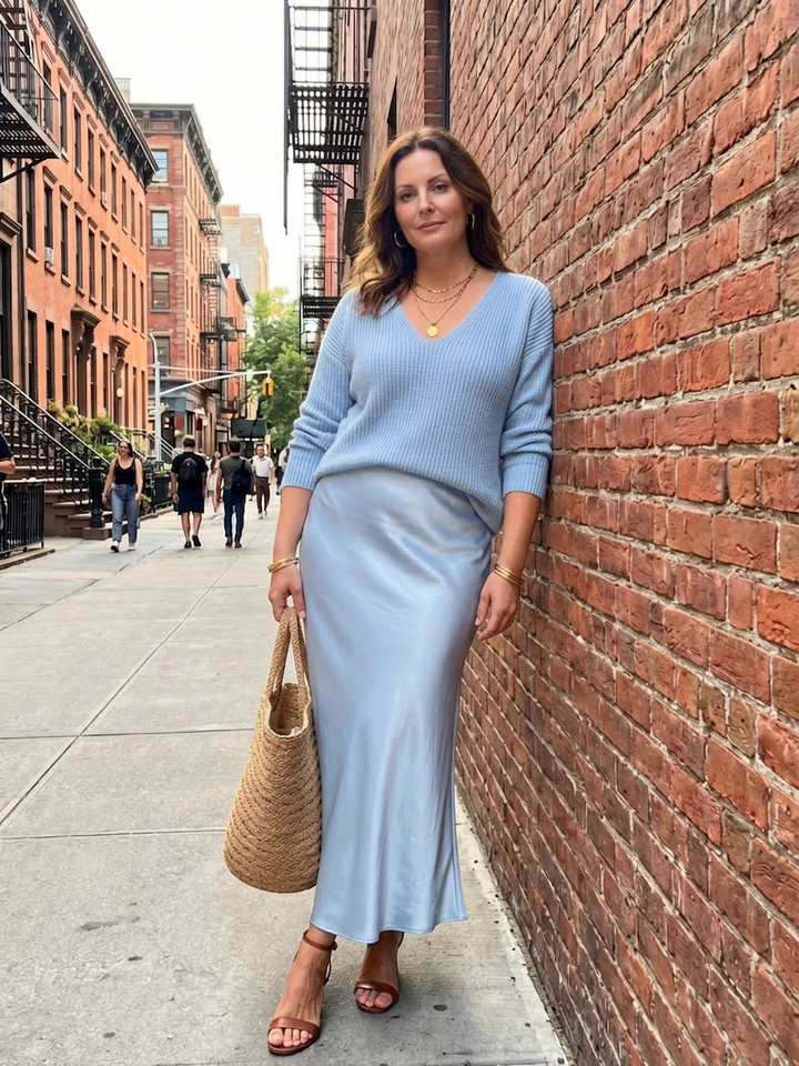 Ines | Bias Fall Satin Skirt Knit Layer Set