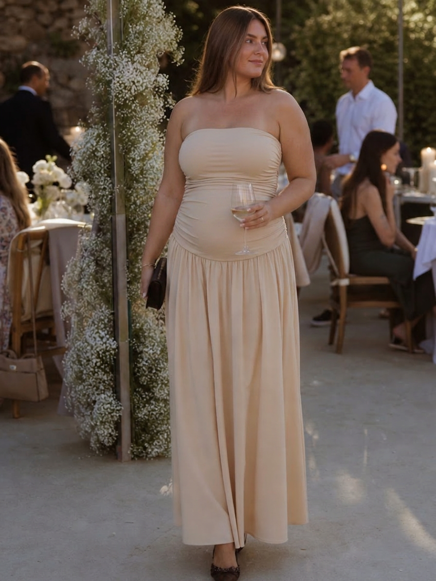 Clemence | Strapless Ruched Bodice Midi Dress