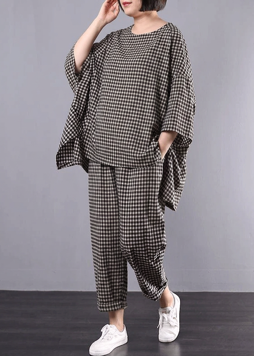 Elke - Casual Plus Size Cotton Linen red Plaid Vintage Blouse And Pants