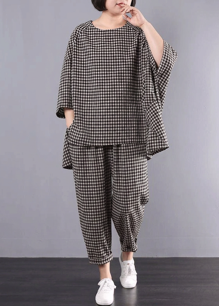 Elke - Casual Plus Size Cotton Linen red Plaid Vintage Blouse And Pants