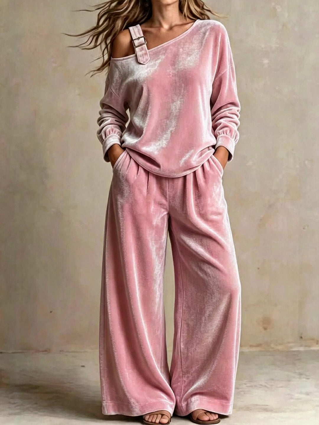 Velvet Off-Shoulder Two-Piece Set, Soft Matching Outfit