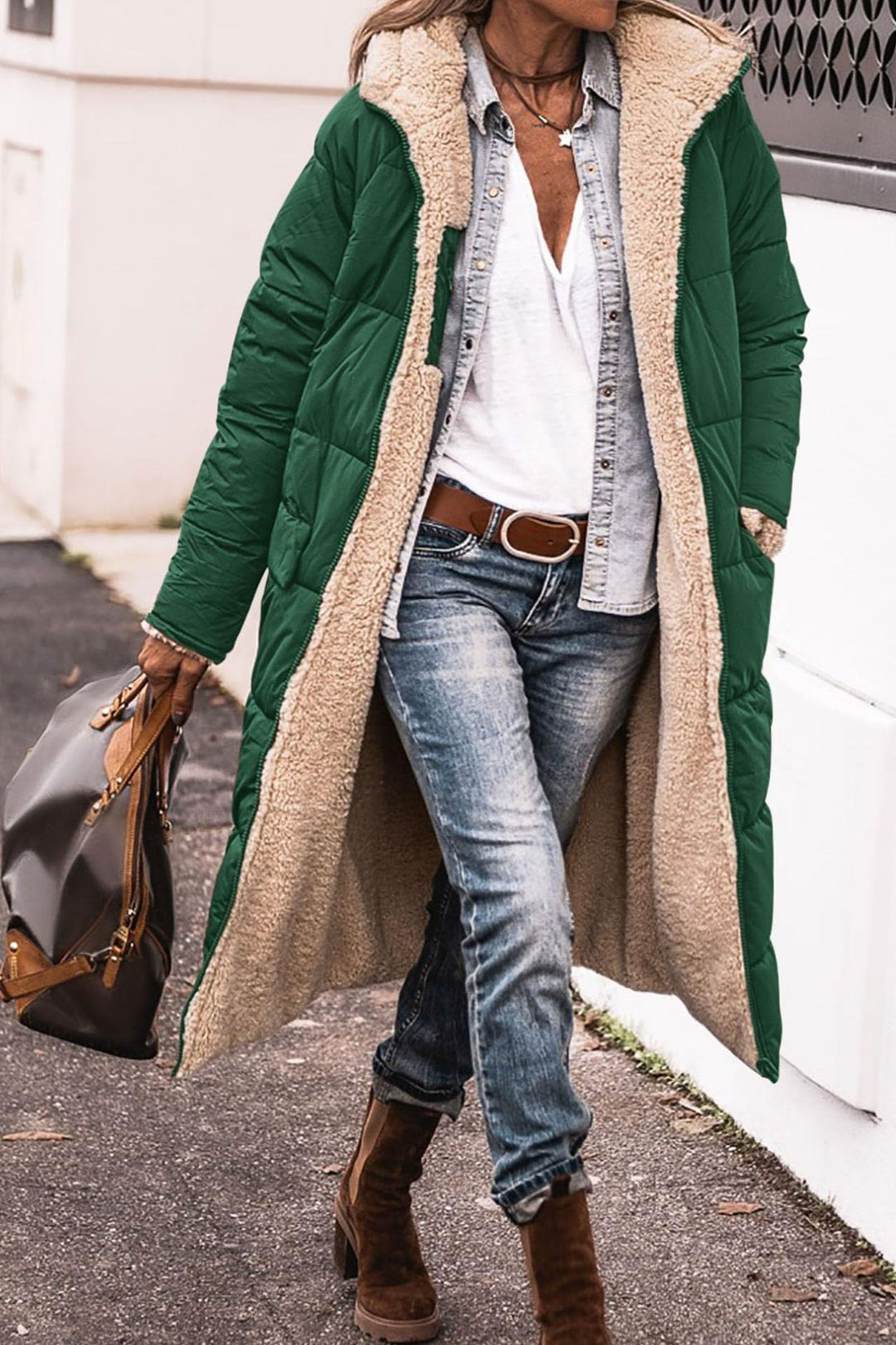 Hooded Long Coat for Women, Double-Sided Winter Cardigan Jacket