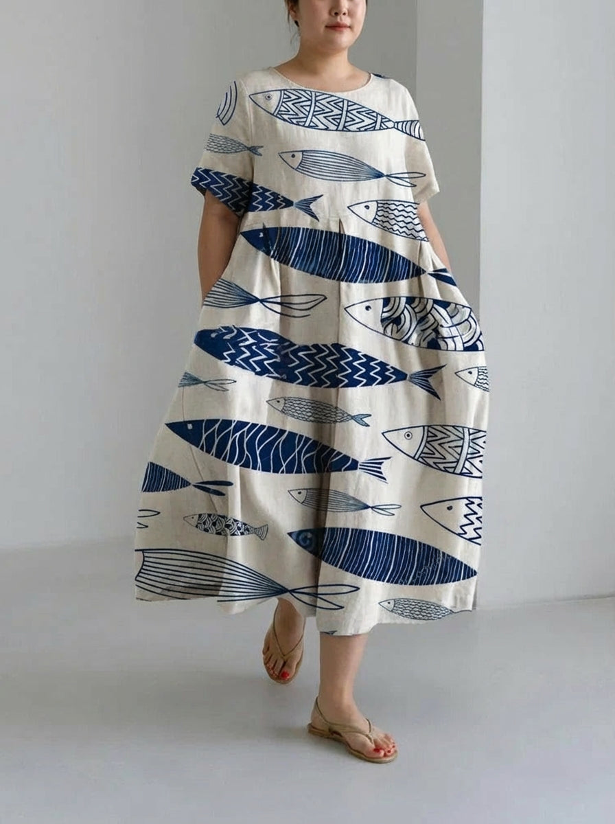 Eira | Fish Print Loose Round Neck Medium Length Skirt Dress