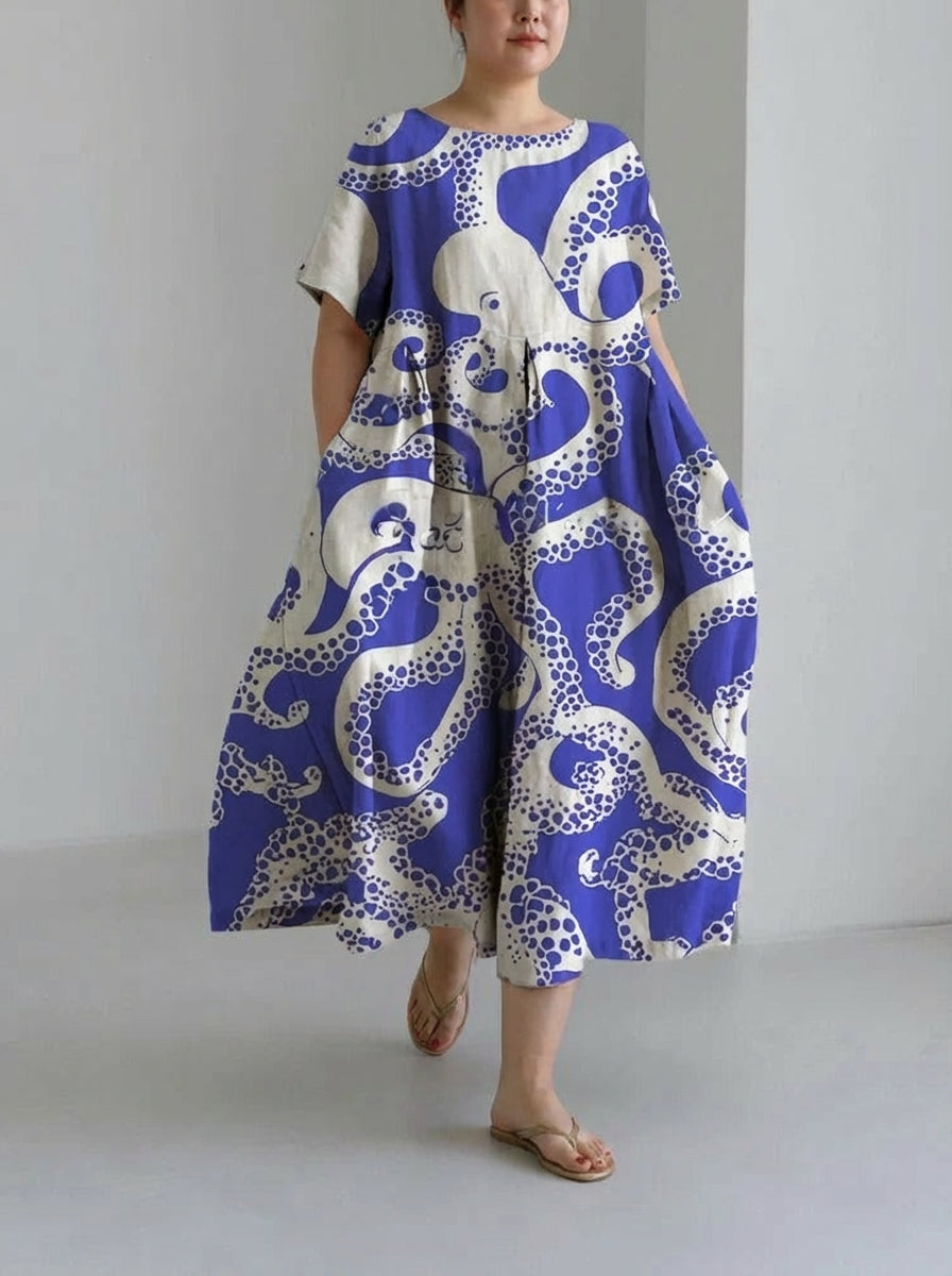 Thea |  Fashion Blue Octopus Print Loose Round Neck Medium Length Skirt Dress