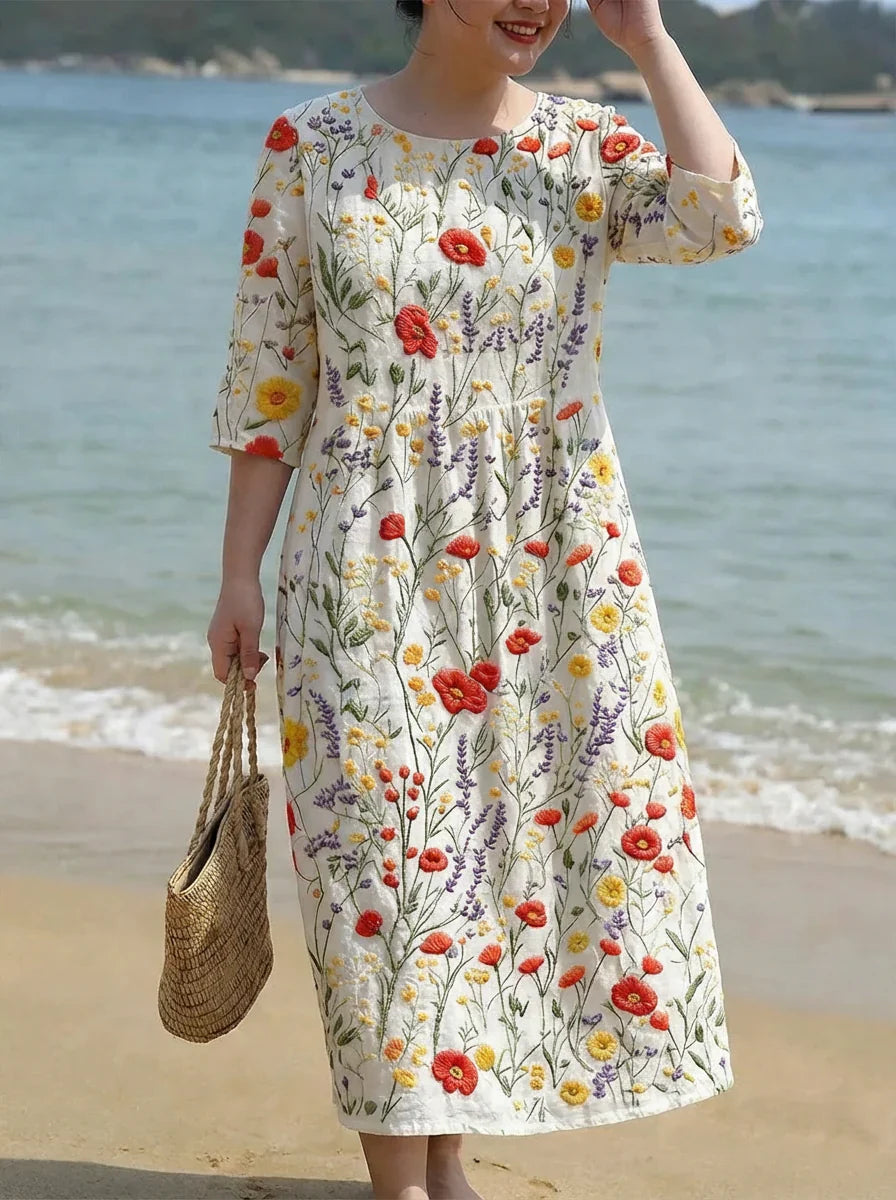 Alba | Floral Print Round Neck Maxi Dress