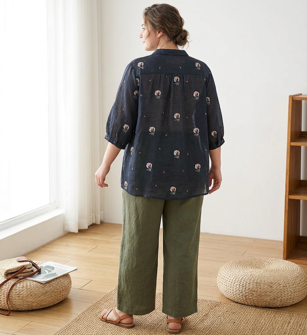 Rin - Cotton Floral Embroidered Comfortable Shirt