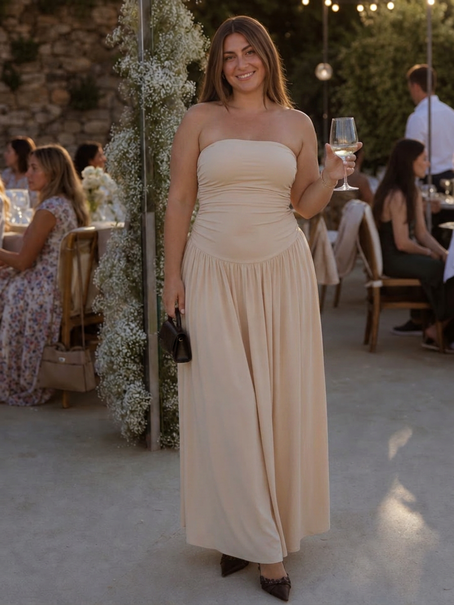 Clemence | Strapless Ruched Bodice Midi Dress