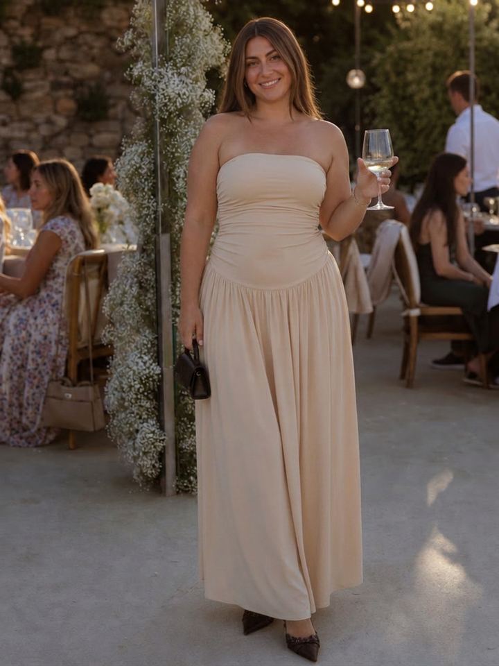 Clemence | Strapless Ruched Bodice Midi Dress