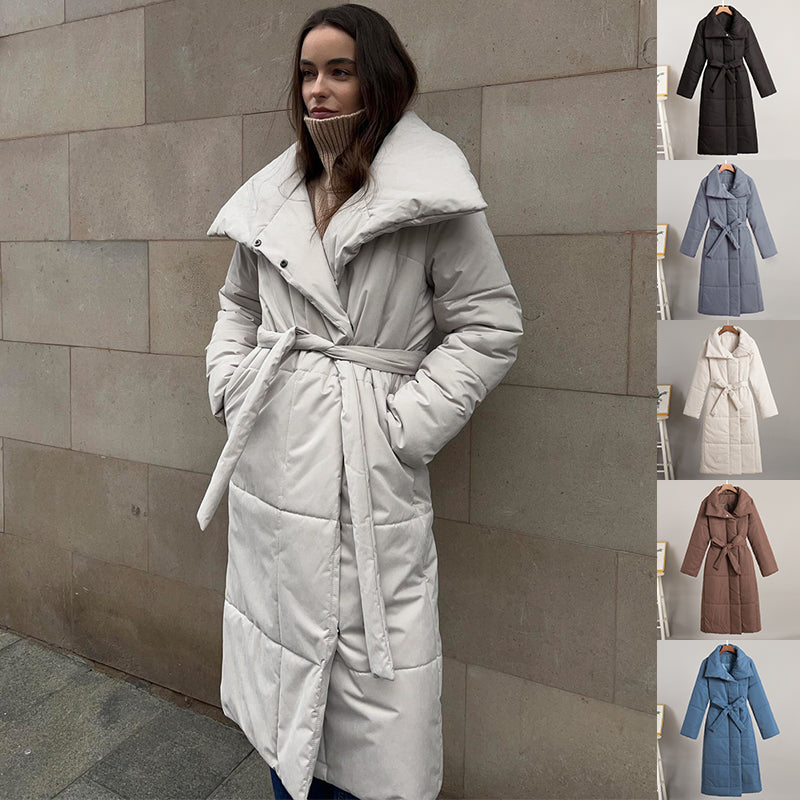 Long Padded Coat for Women, Warm Lace-Up Thick Winter Jacket