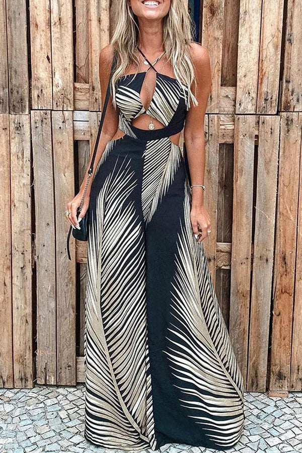 Yvaine - Tropical Palm Leaf Print Cutout Wide Leg Jumpsuit