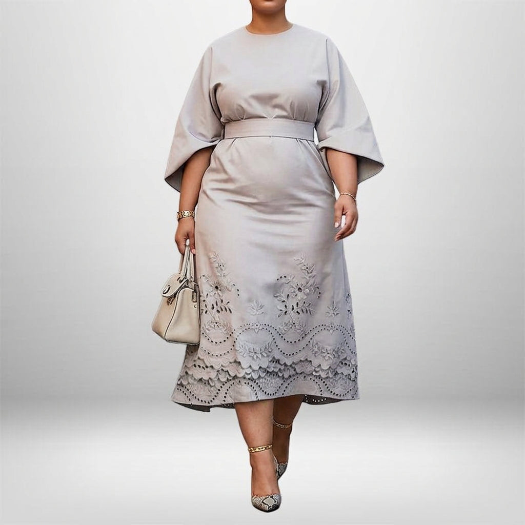 INES | Embroidered Midi with Sculpted Waist and Soft Elegance