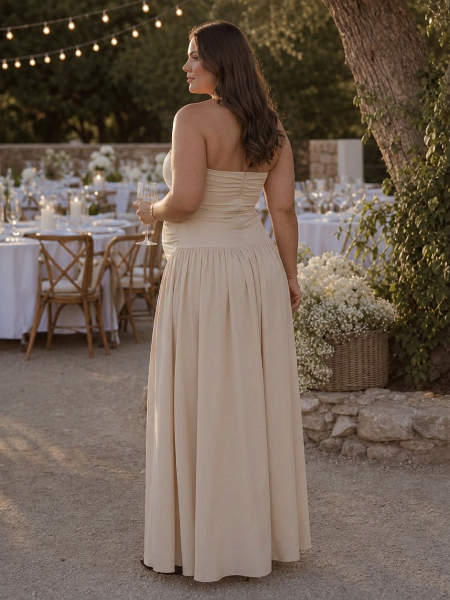 Clemence | Strapless Ruched Bodice Midi Dress