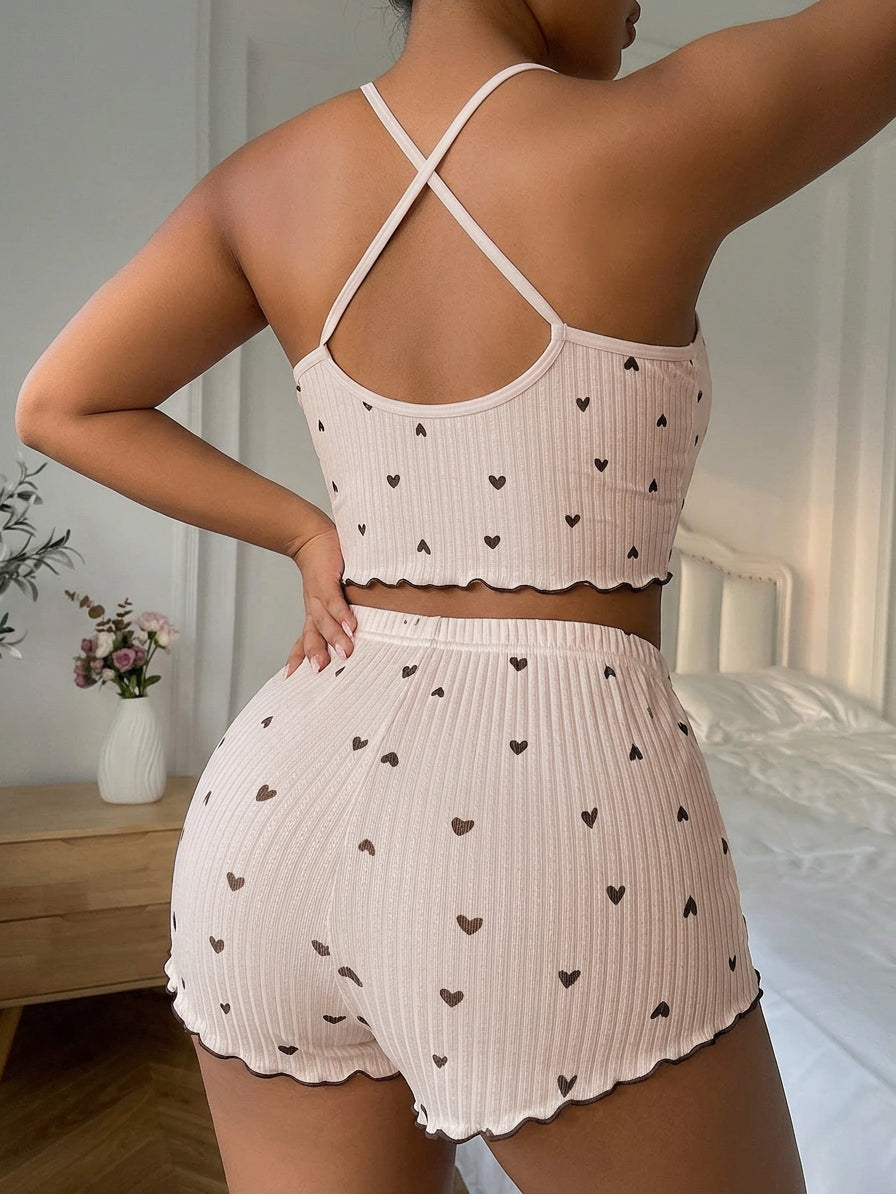 Yara | Heart Print Ruffle Trim Pajama Set