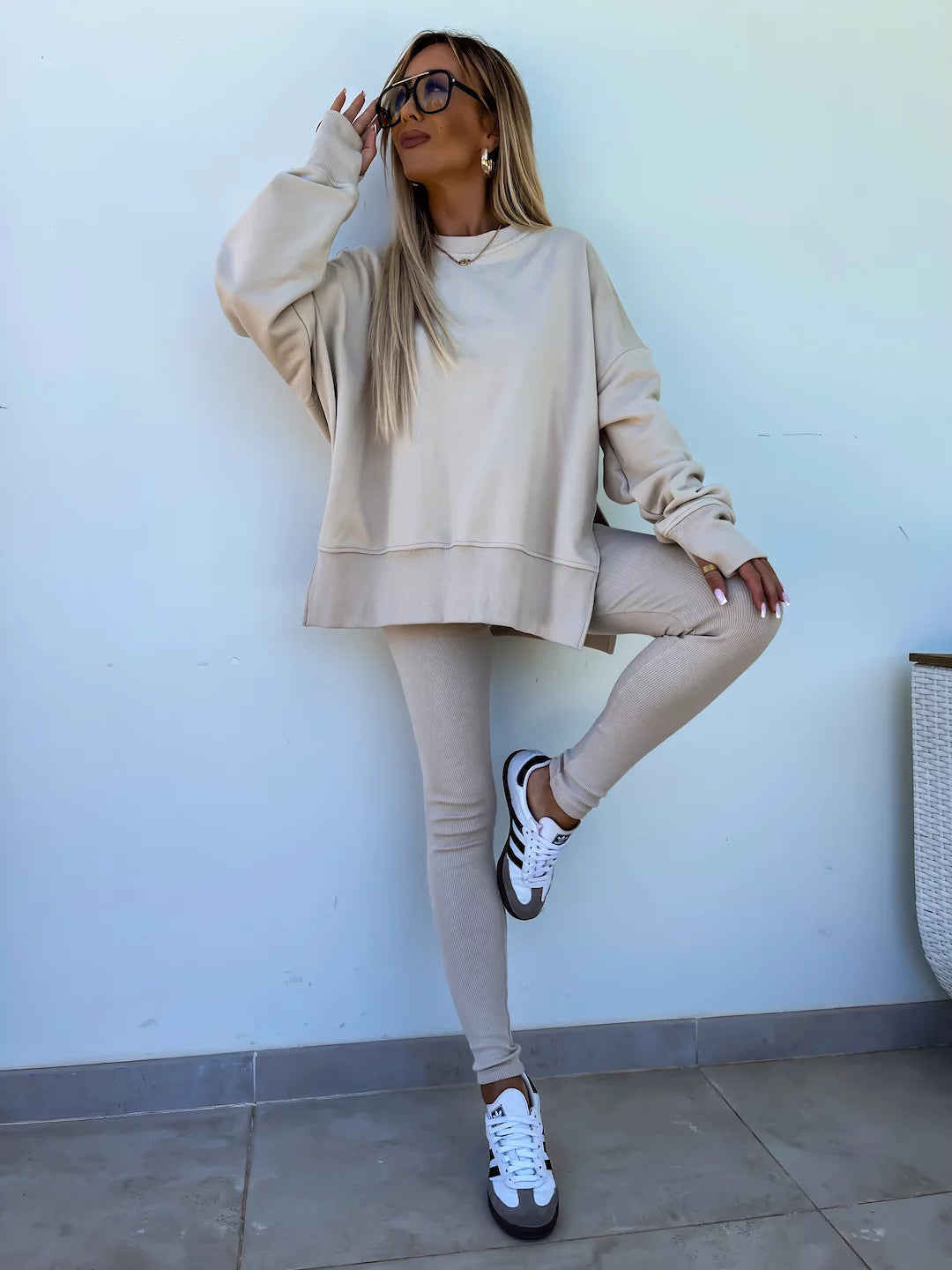Casual Sweater Suit, Loose Crew Neck Split Top and Tight Pants