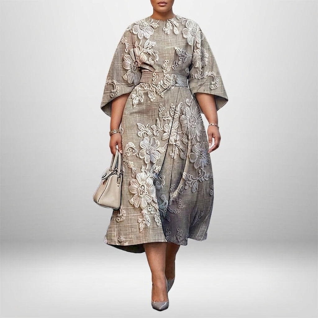 YASMIN | Embroidered Floral Midi with Sculpted Waist and Timeless Grace