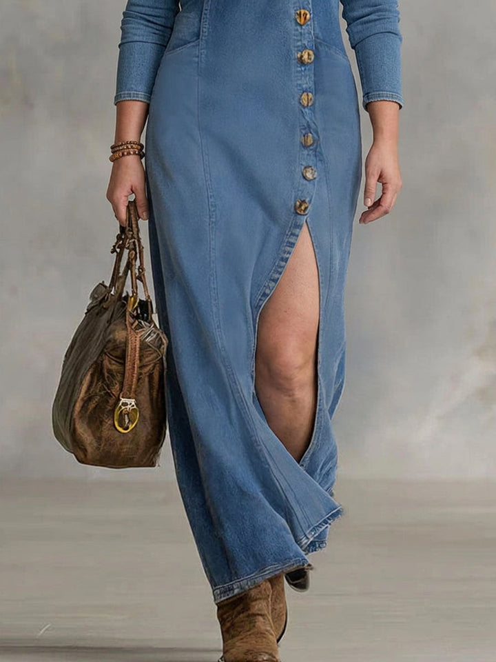 Gwen | V-neck Single Button Side Split Denim Long Sleeve Maxi Dress