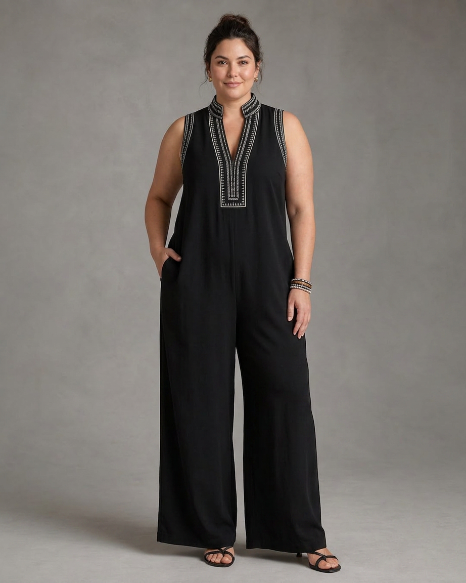 Wilhelmina | Embroidered V Neck Sleeveless Wide Leg Jumpsuit