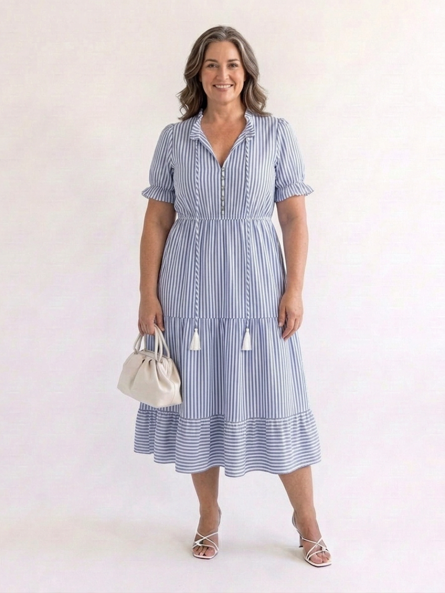 Oleander | Short Sleeve Striped Tiered Midi Dress