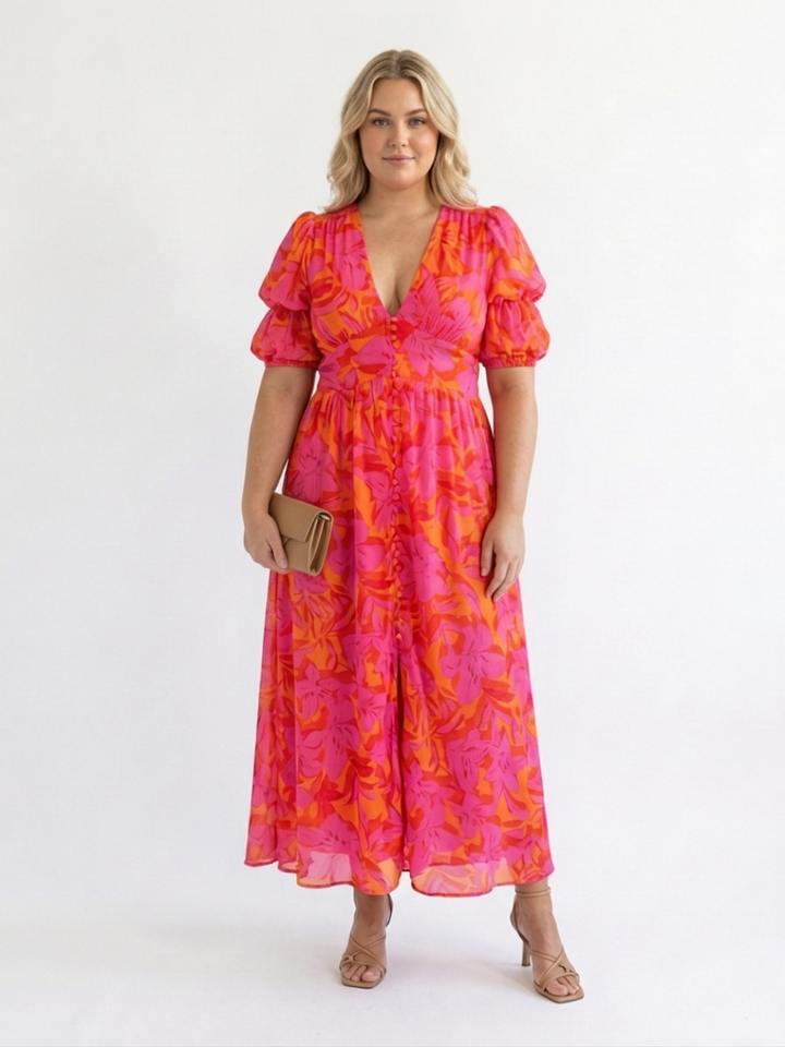 Beatrice | Floral V Neck Puff Sleeve Midi Dress