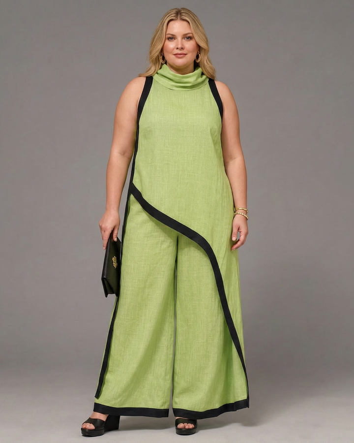 Genevieve | Contrast Trim Sleeveless Layered Top And Wide Leg Pants Set