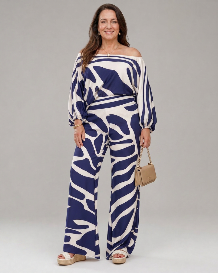 Calliope | Abstract Print Off Shoulder Top And Wide Leg Pants Set