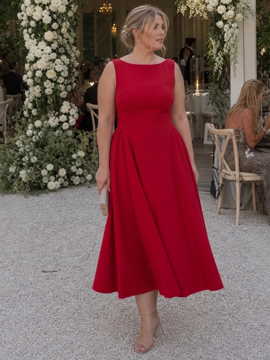 Women's Sleeveless Crew Neck Fitted Bodice Midi Dress with Defined Waist Seam for Comfort – Curve & Bloom
