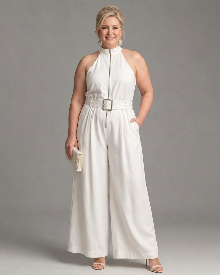 Fleur | Belted High Neck Wide Leg Sleeveless Jumpsuit