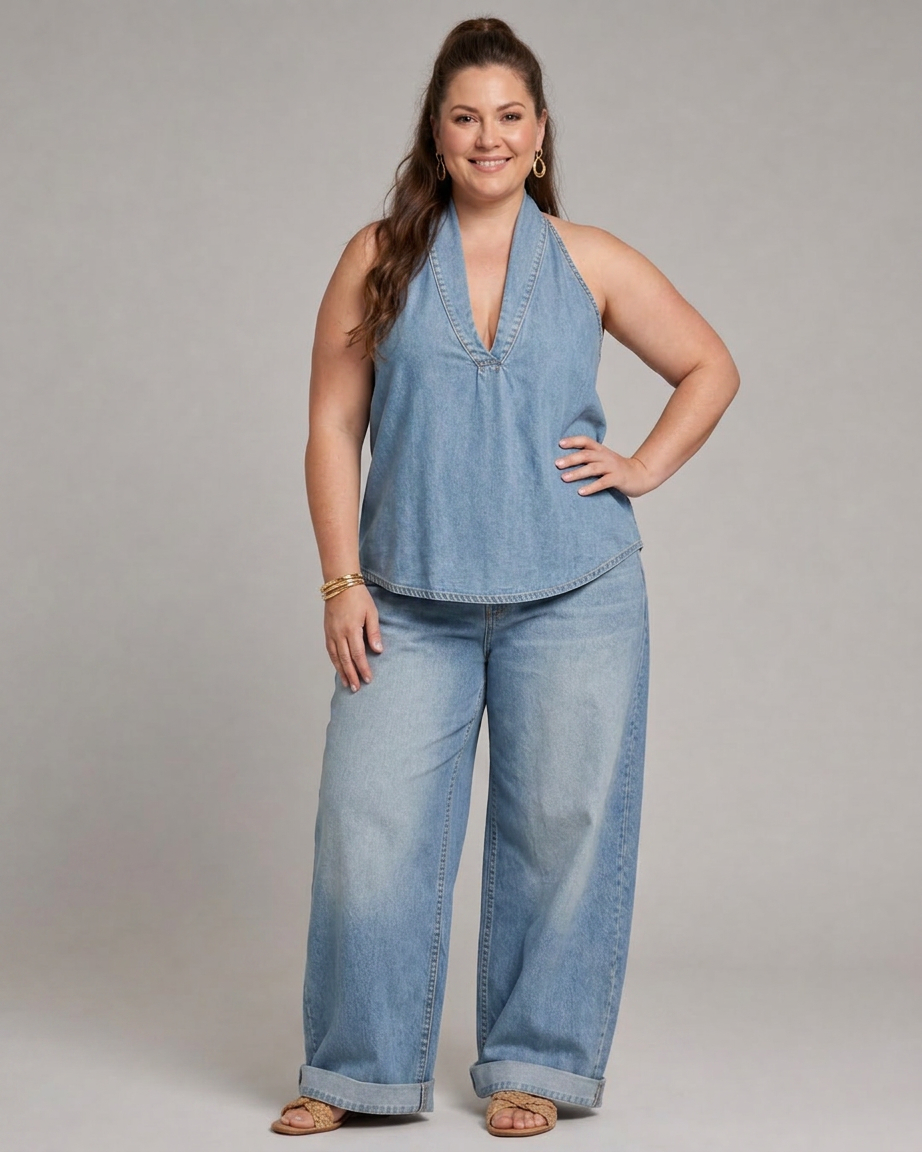 Opaline | Halter Neck Denim Top And Wide Leg Pants Set