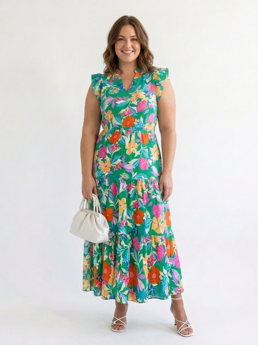 Theodora | Floral V-Neck Tiered Midi Dress