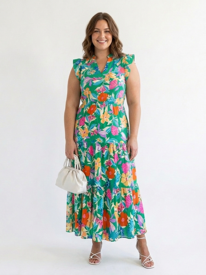 Theodora | Floral V-Neck Tiered Midi Dress