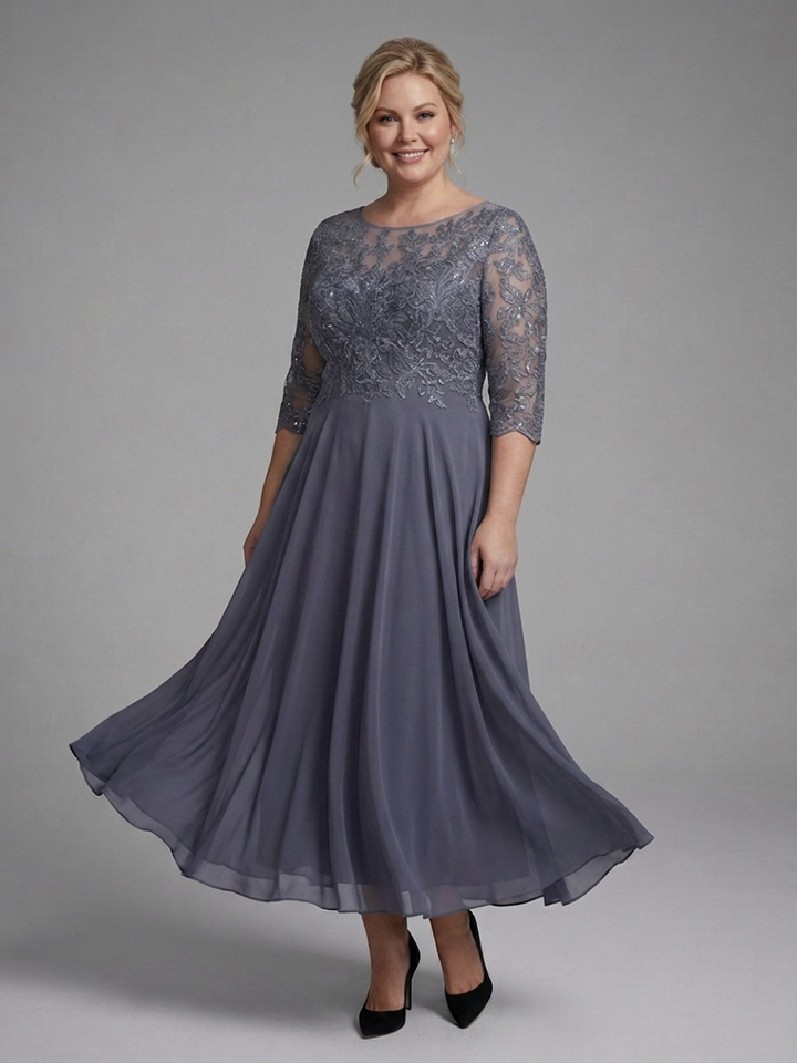 Anwen | Midi Dress with Lace Bodice and Sheer Sleeves
