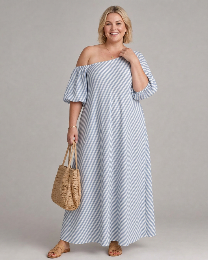 Seraphina | Striped Off Shoulder Puff Sleeve Midi Dress