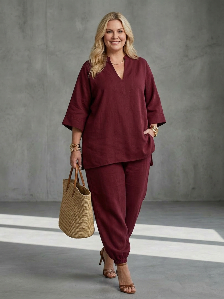 Heledd | V Neck Tunic Gathered Pant Set