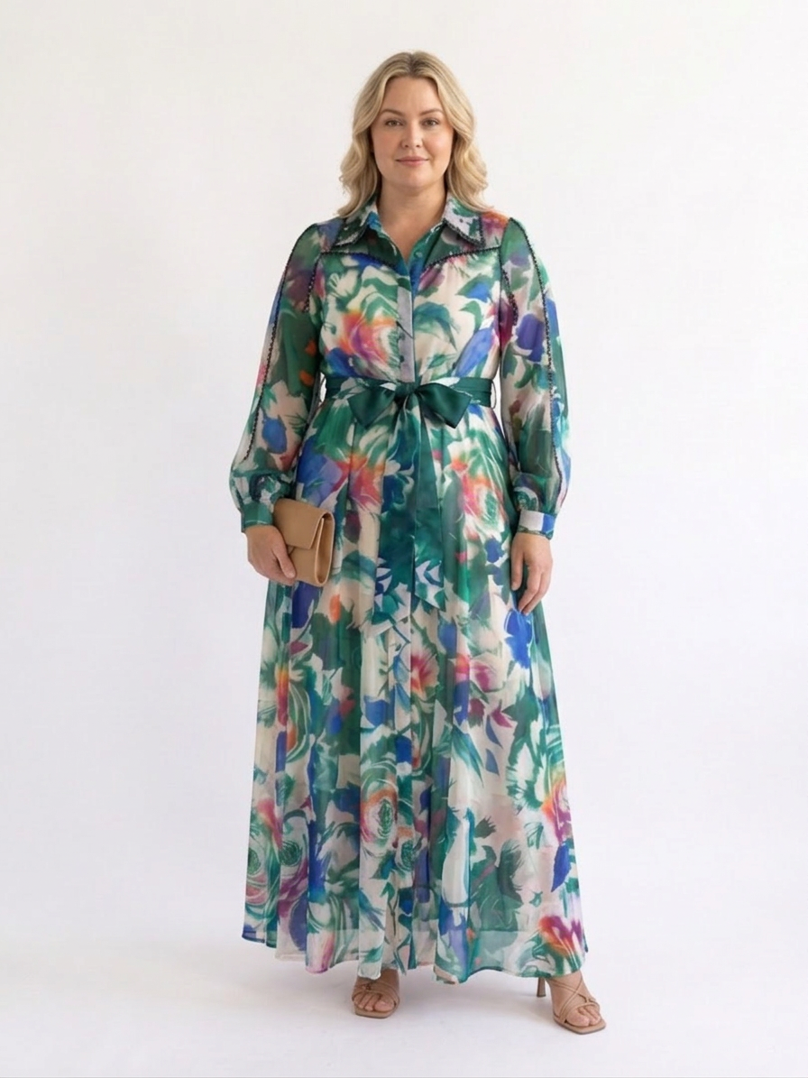 Aveline | Long Sleeve Printed Belted Maxi Dress