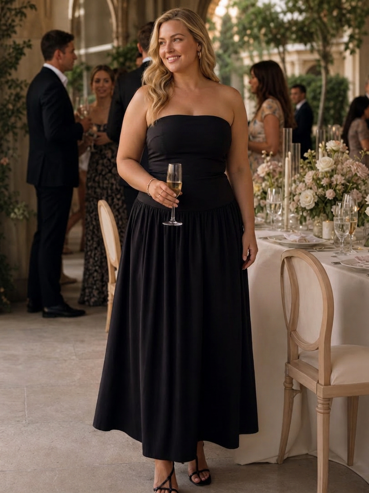 Clemence | Strapless Ruched Bodice Midi Dress