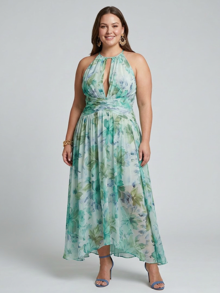 Saffron | Pleated Halter Soft Floral Pattern Midi Dress