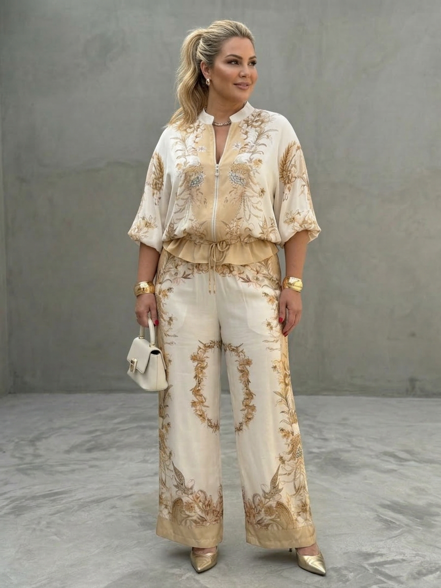 Mika | Zip Front Blouson Top Printed Two Piece Set
