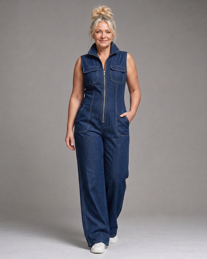 Freya | Zip Front Sleeveless Denim Wide Leg Jumpsuit