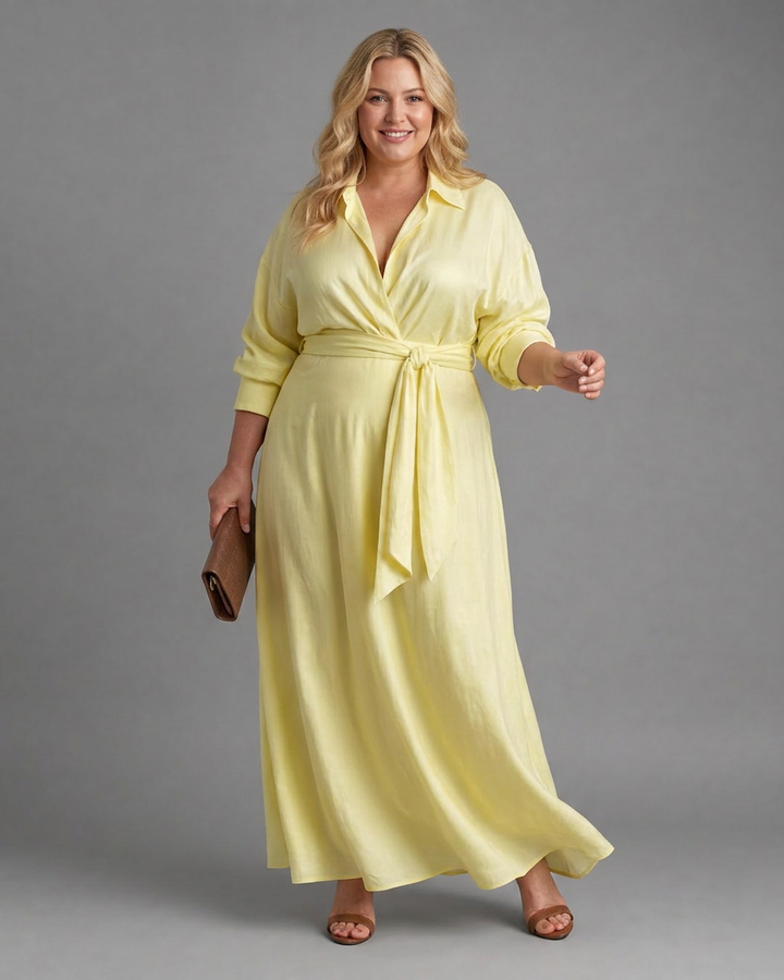 Astrid | Belted Collared Flowing Long Sleeve Midi Dress