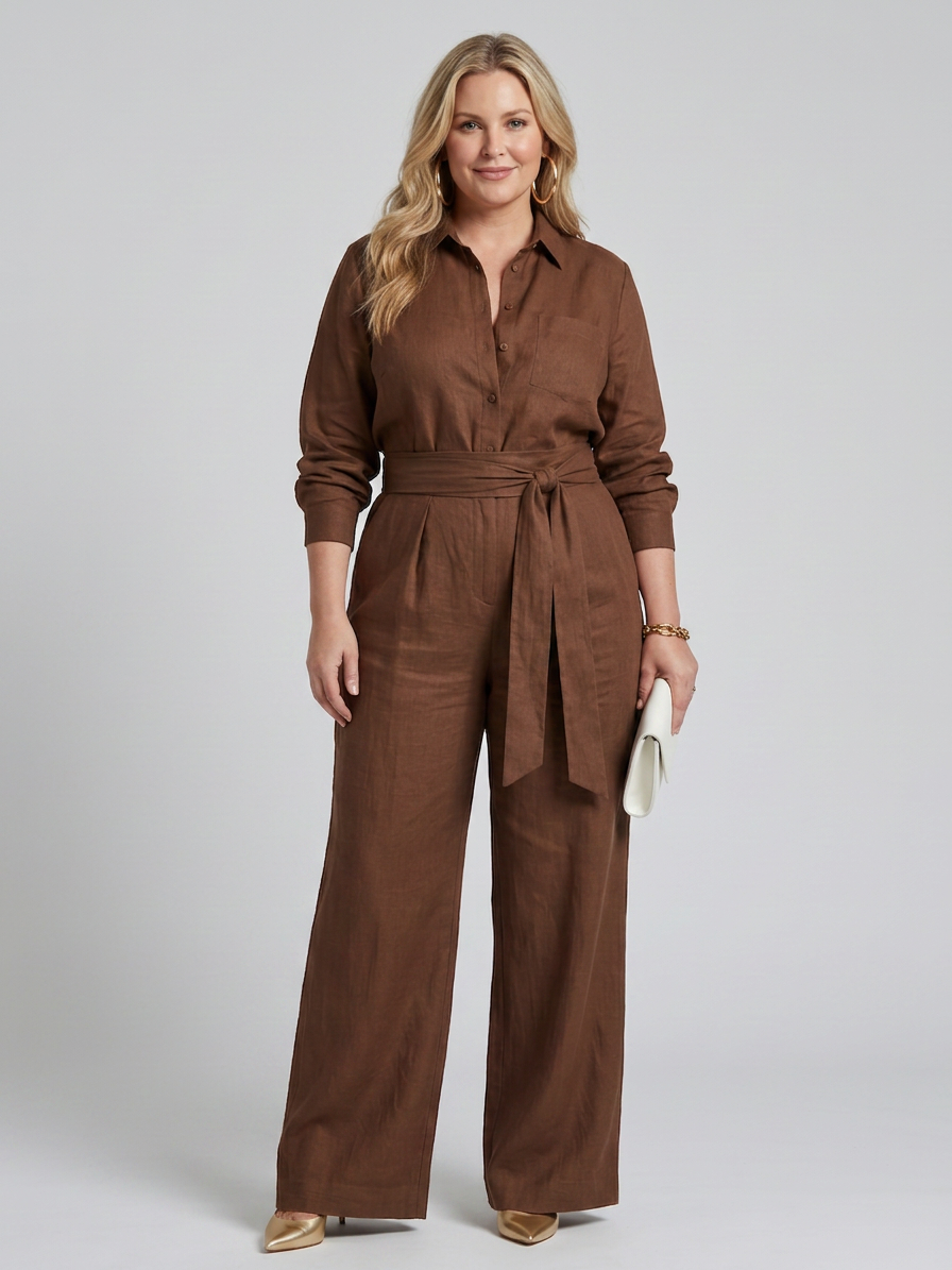 Bonnie | Long Sleeve Button Front Wide Leg Jumpsuit