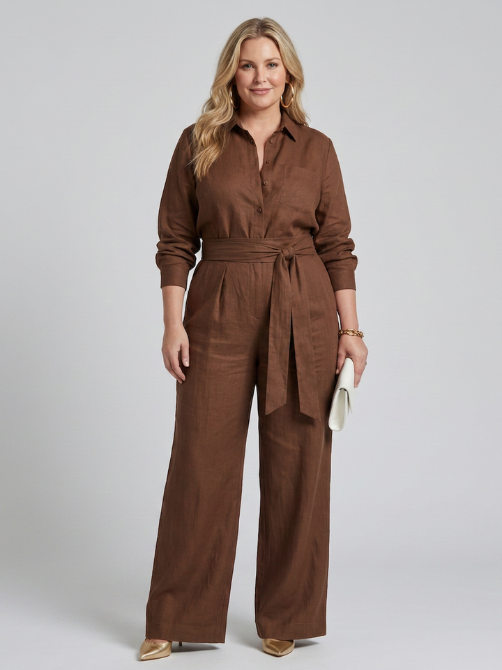 Bonnie | Long Sleeve Button Front Wide Leg Jumpsuit