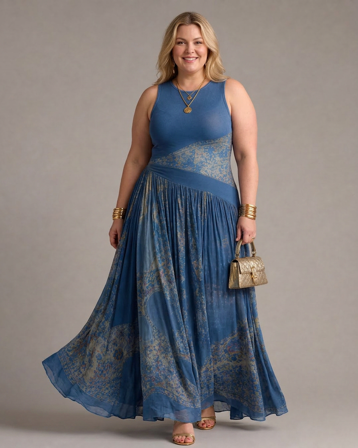 Selma | Sleeveless Printed Bodice And Flowing Maxi Skirt Dress