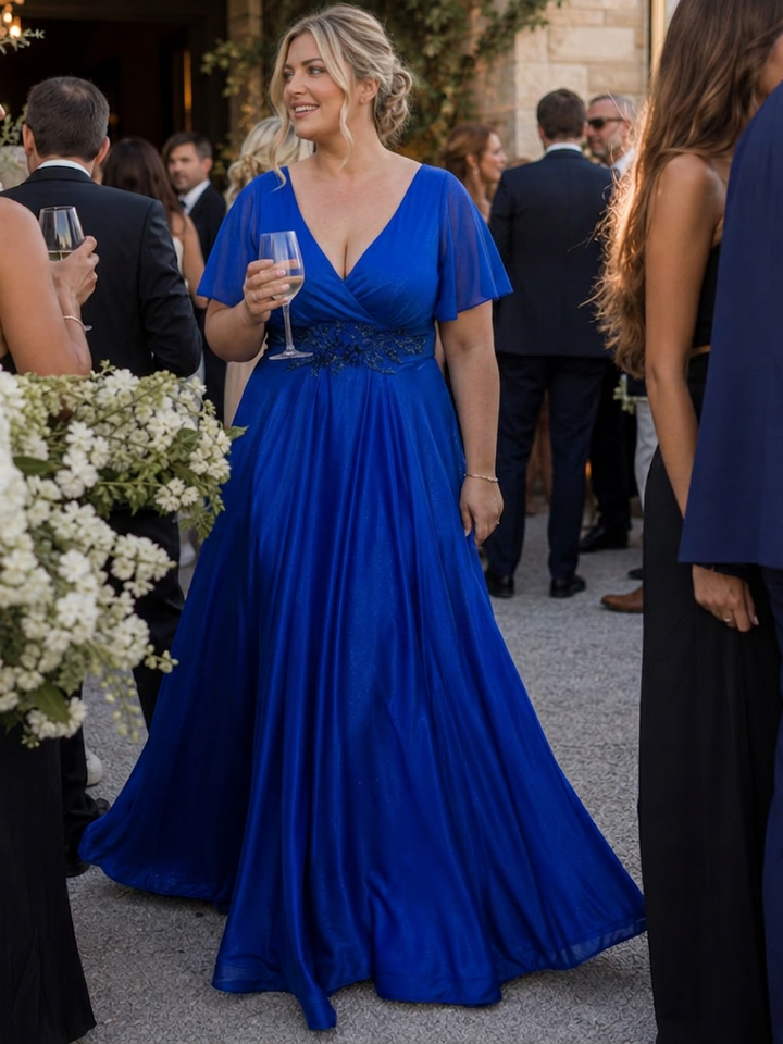 Rhea | Short Sleeve V Neck Flowing Maxi Dress