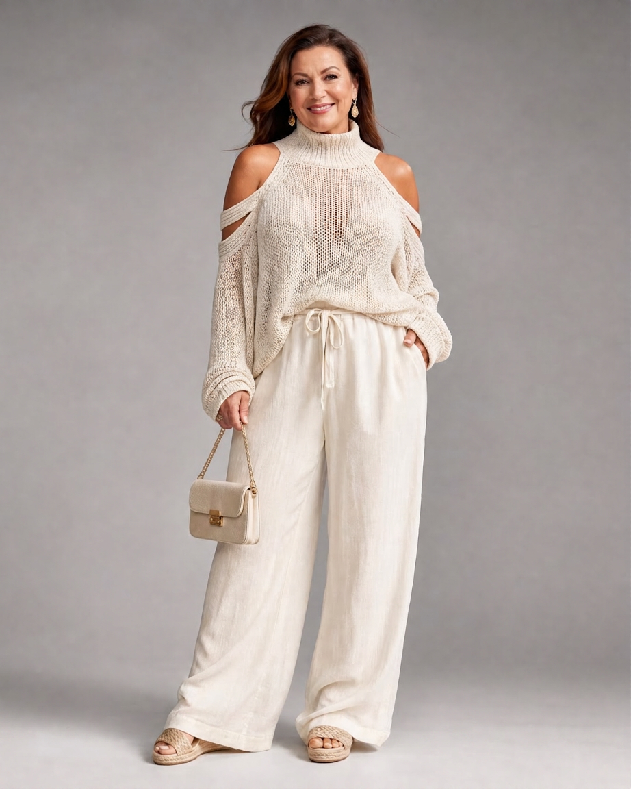 Vesper | Cold Shoulder Knit Sweater Wide Leg Pants Set