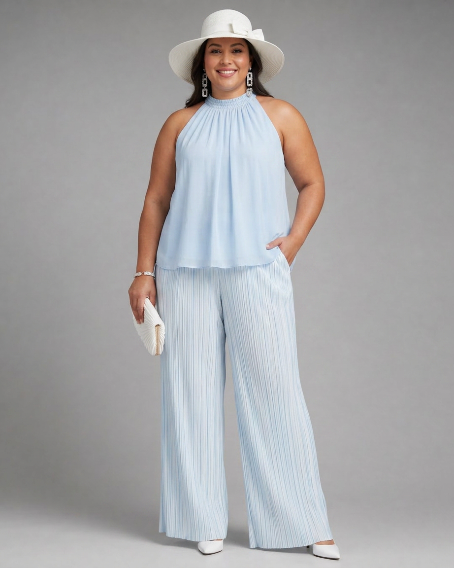 Dovie | Halter Neck Flowing Top And Pleated Wide Leg Pants Set