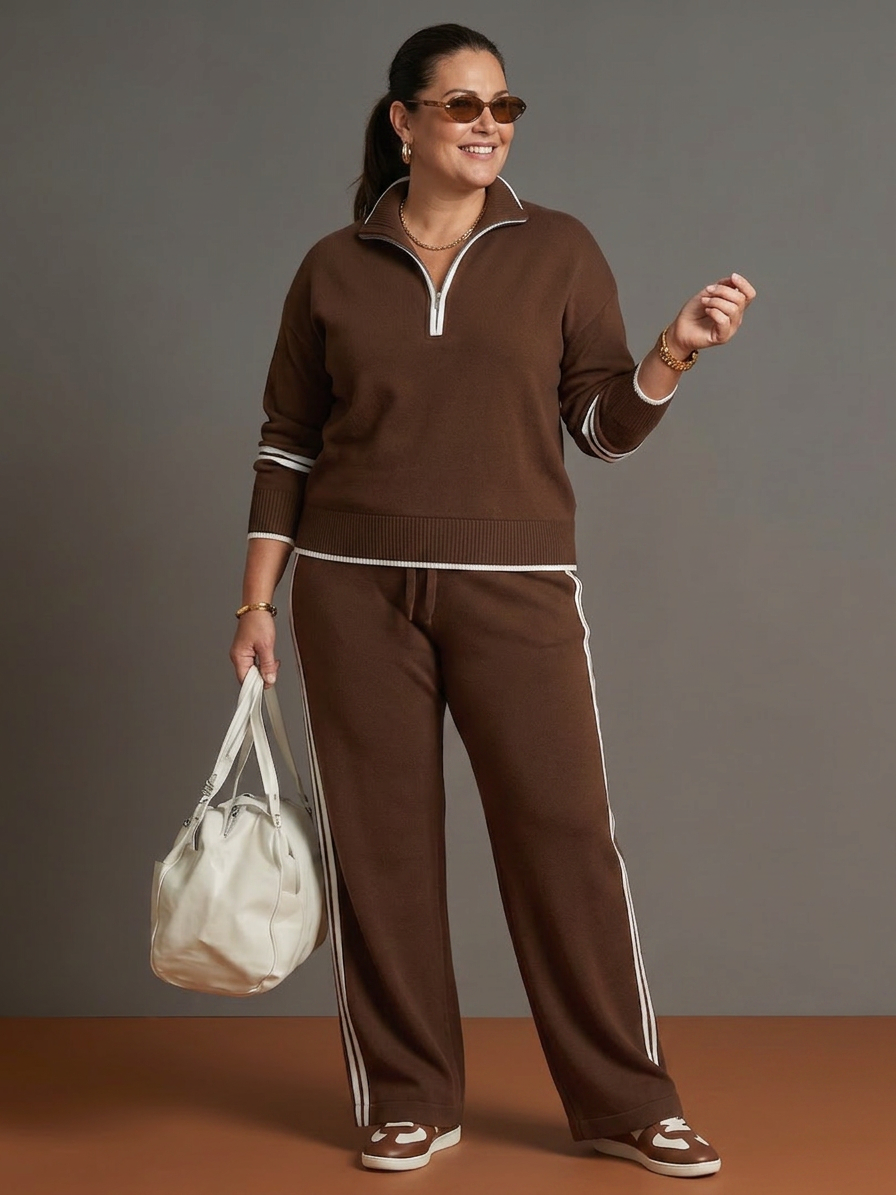 Greer | Zip Neck Long Sleeve Side Stripe Leg Pants Set