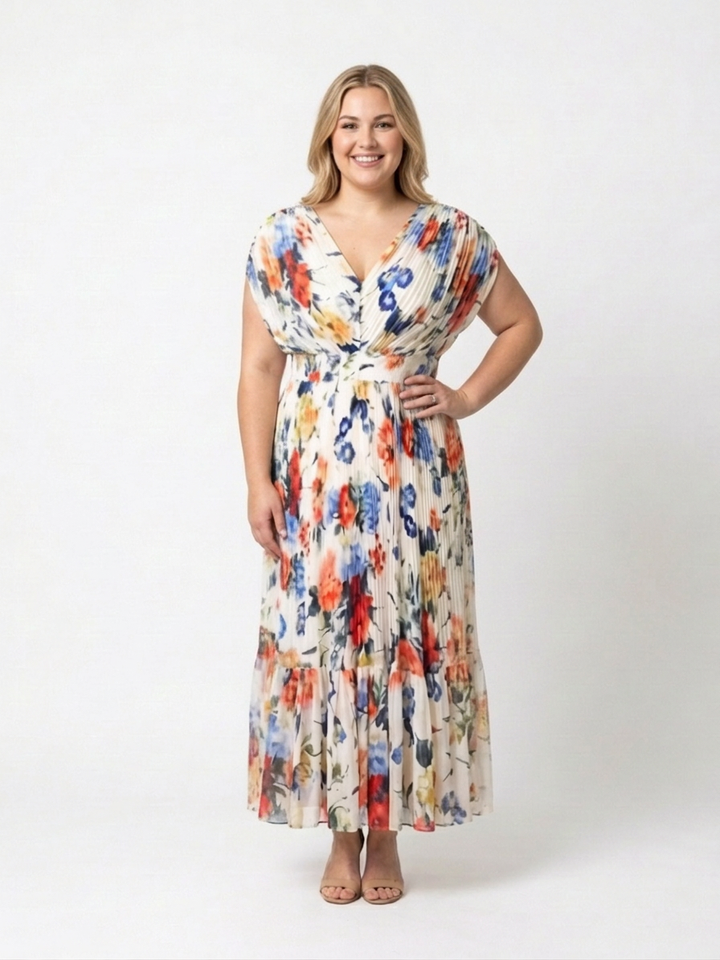 Coraline | Short Sleeve Pleated Floral Midi Dress