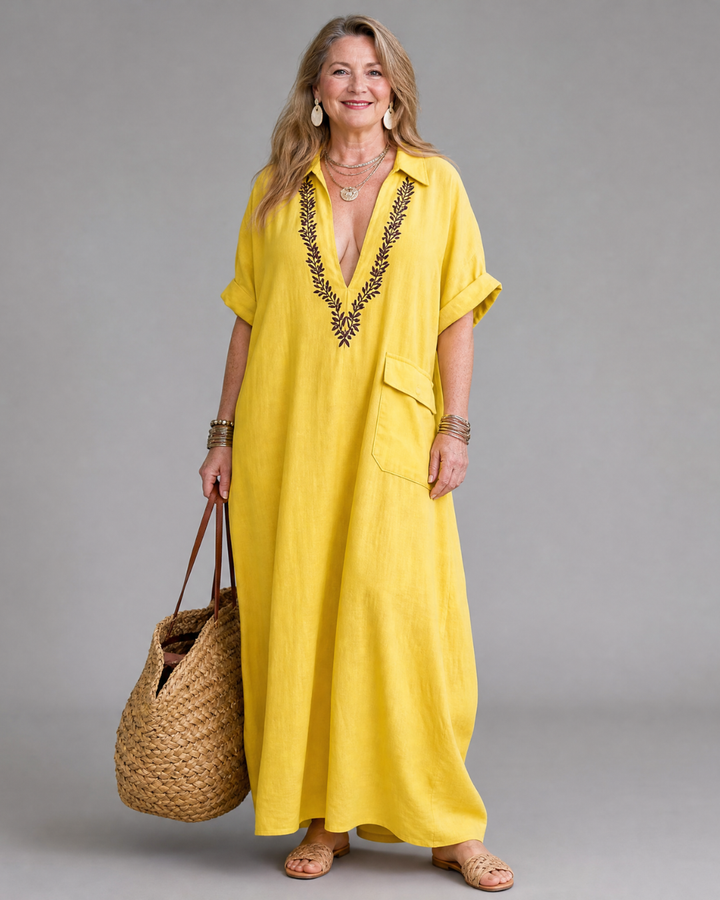Posy | Embroidered V Neck Pocket Detail Relaxed Maxi Dress