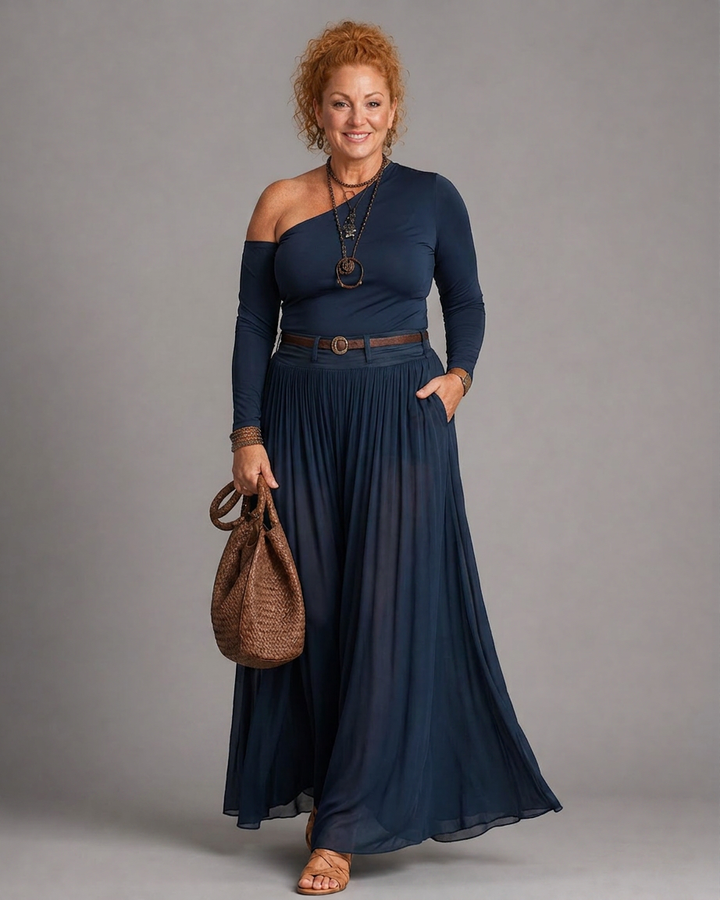 Tova | One Shoulder Fitted Top And Pleated Maxi Skirt Set